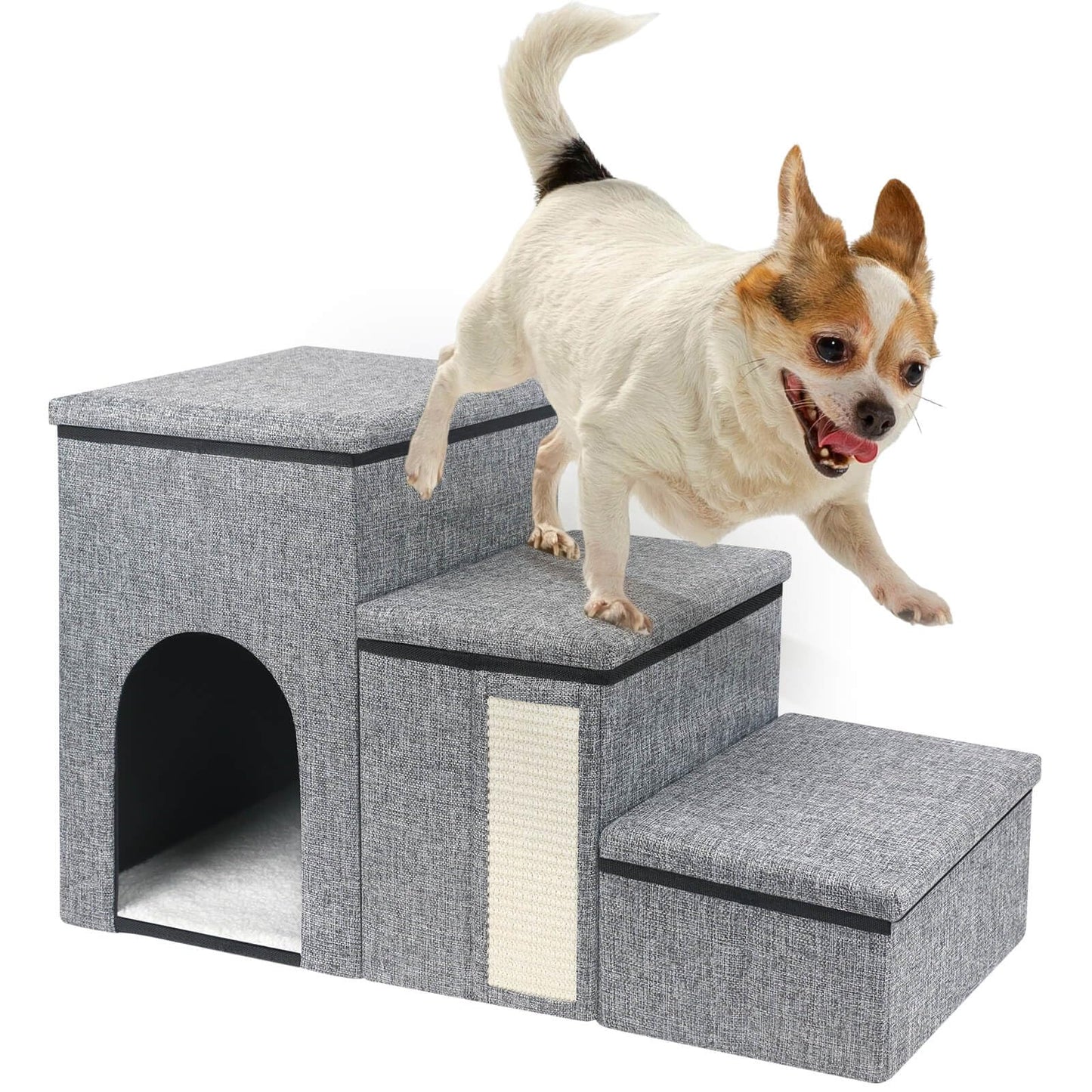 Dog Stairs for Small Dogs Foldable Pet Stairs for Couch/Bed with Storage Box Condo and Cat Scratcher Adjustable Non-Slip Dog Steps for Puppy Cats or Small Dog (3-Step17" H)