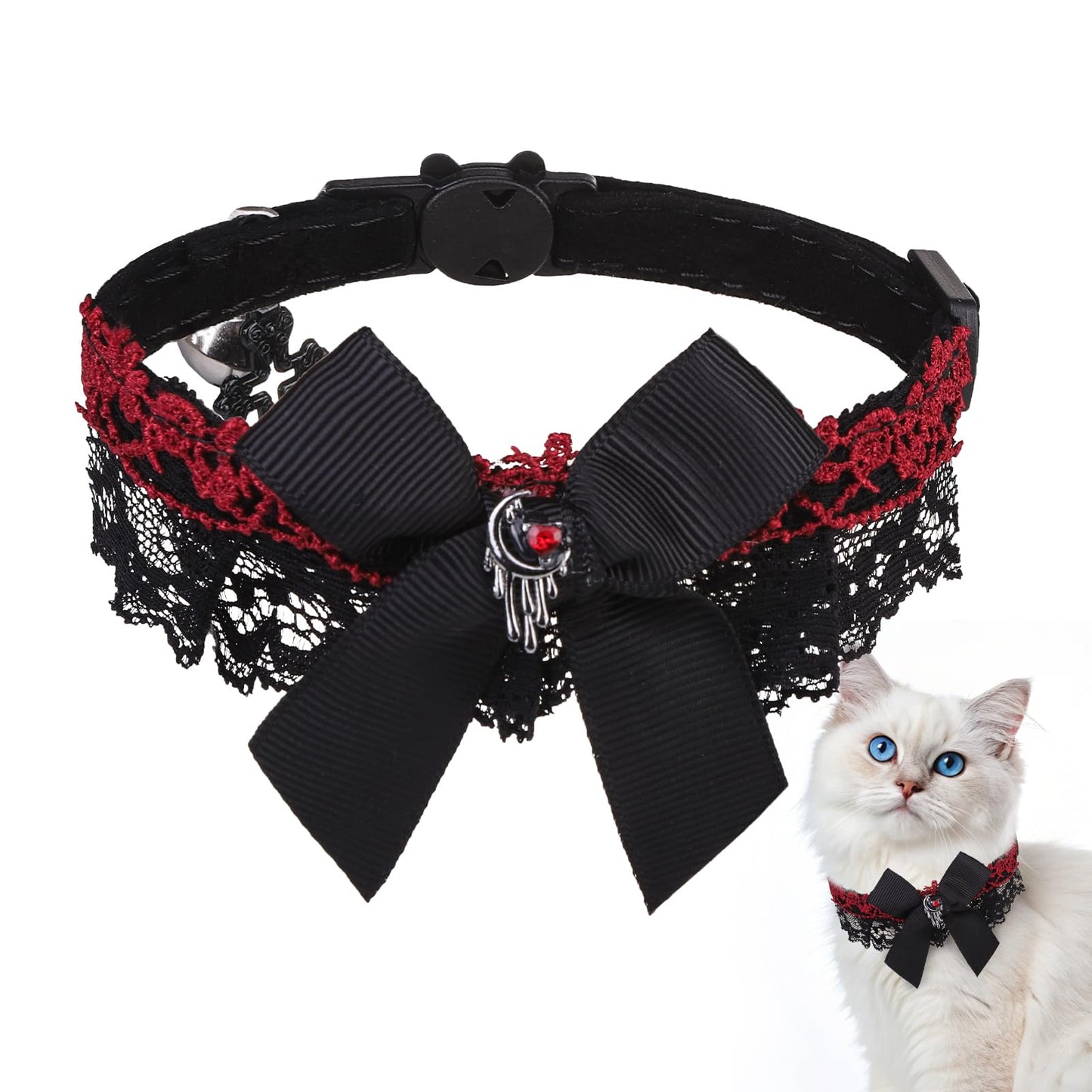 Cat Collar with Bells Adjustable Soft Velvet Cat Collar Breakaway with Cross AccessorySafety Quick Release Gothic Style Pet Collar for CatKittenSmall Dog
