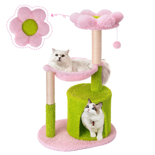 Flower Cat Tree Tower 35" Cat Tower for Indoor Cats Small Cute Cat Trees with Natural Sisal Cat Scratching Post Cozy Condo Comfy Cat Hammock Flower Cat Perch and Dangling Ball Pink