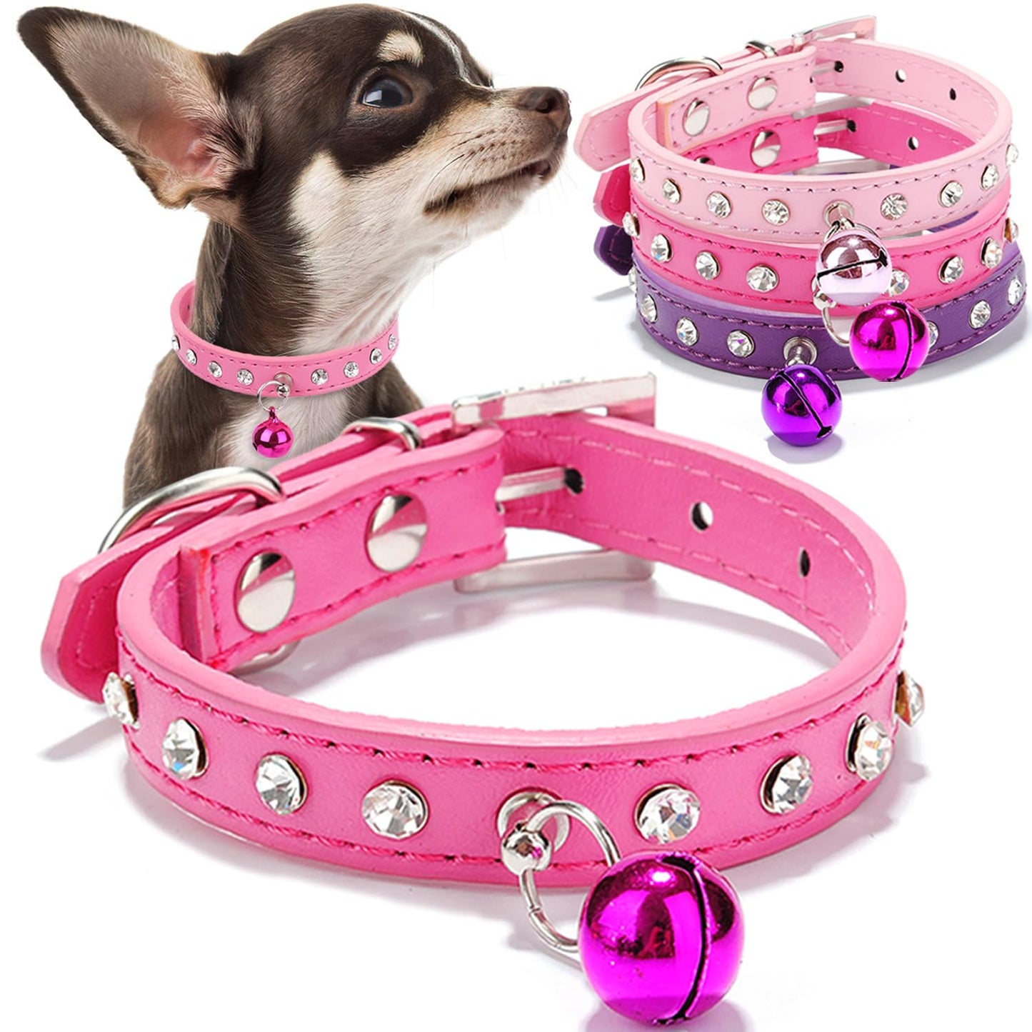 3 Pieces Puppy Collar Chihuahua Collar Pink Dog Collar with Bell Bling Dog Collar for Small Dogs Girl Cute Extra Small Dog Collar Kitten Collar Xs
