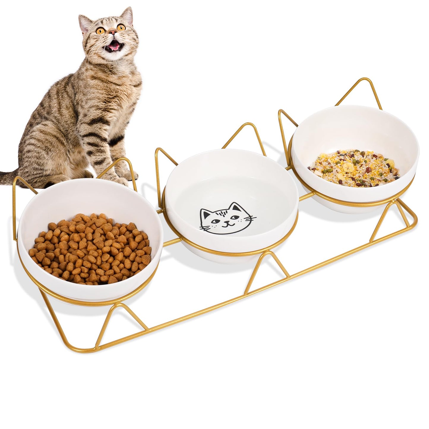 Elevated Cat Bowls with 3 Ceramic Bowls-5 inches Food & Water Bowls 15° Tilted Raised Feeding Dishes with Metal Stand for Multiple Cats Dog Pet Gold
