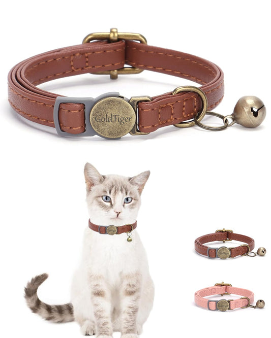 Vintage Style Leather Breakaway Cat Collar - Adjustable Durable Retro Bell - Suitable for All Types of Cats and Small Dogs (Brown)
