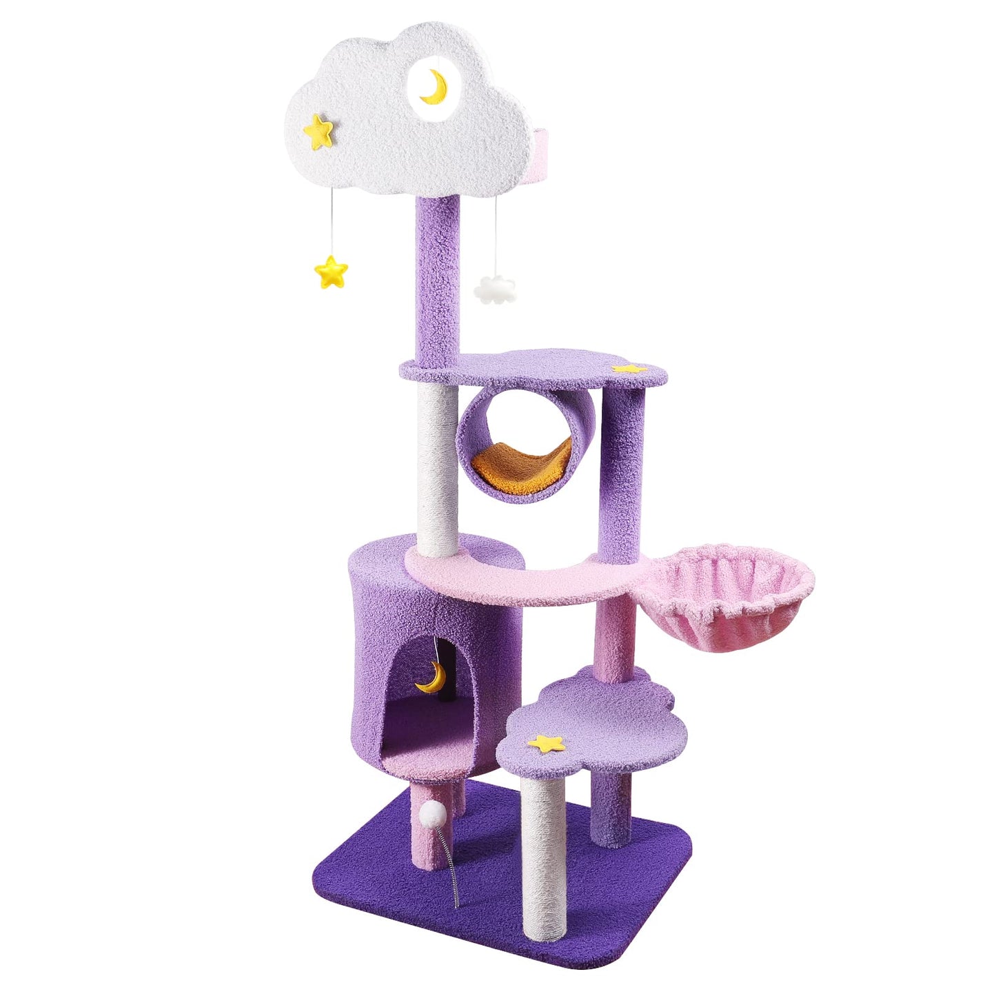 Lucky Monet 59 Inches Cat Tree for Indoor Cats Multi-Level Cat Tower for Large Cats Cute Purple Pink Cat Tree Unique Cat Condo with Scratching Post Hammock Condo Pompom Ball Toy