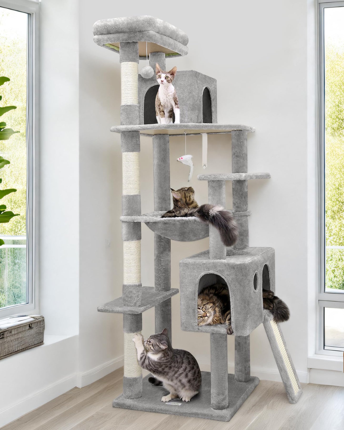 Pro Heavy Duty Cat Tree 70 inch Sturdy Cat Tree for Indoor Cats Extra Large Cat Tower with Scratching Post Hammock Cat Condo for Adult Cats Kittens Light Grey