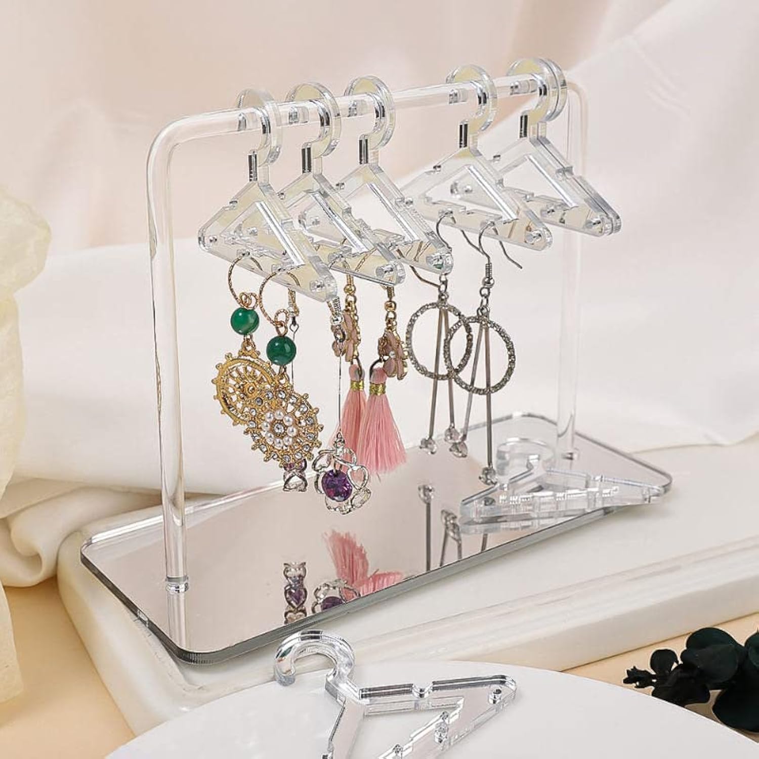 XINZHIDA Earring Hanger Rack with 8 Mini Coat Hangers Acrylic Earring Holder Display Stand Ear Studs Hanging Earrings Organizer For Women Girls Silver