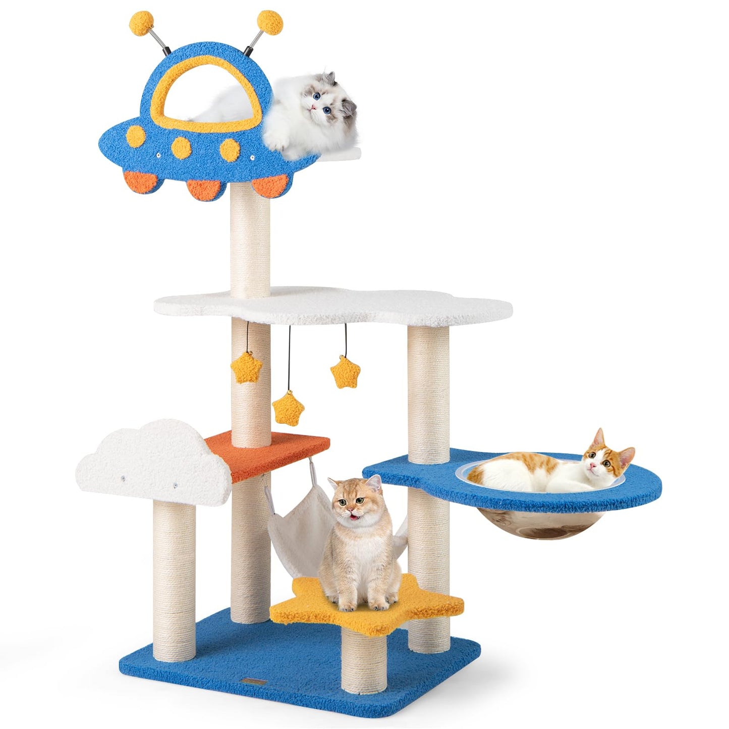 49 inch Cat Tree Space-Themed Multi-Level Cat Tree Tower with Sisal Scratching Posts UFO Top Perch Space Capsule Cloud & Star Platforms Dangling & Spring Balls Cute Cat Tree for Indoor