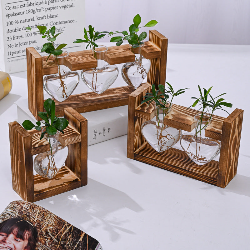 Wooden Frame With Hydroponic Glass Vase for Plants