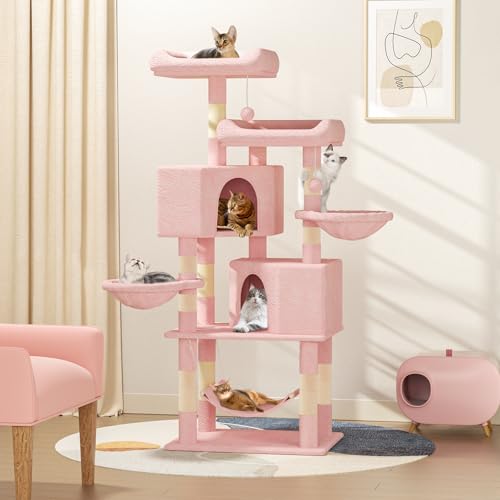 Cat Tree with Scratching Post 2 Cat Condos and 3 Hammocks Small Cat Tower for Indoor Cats Kittens for Small Spaces 58 Inch Soft Pink