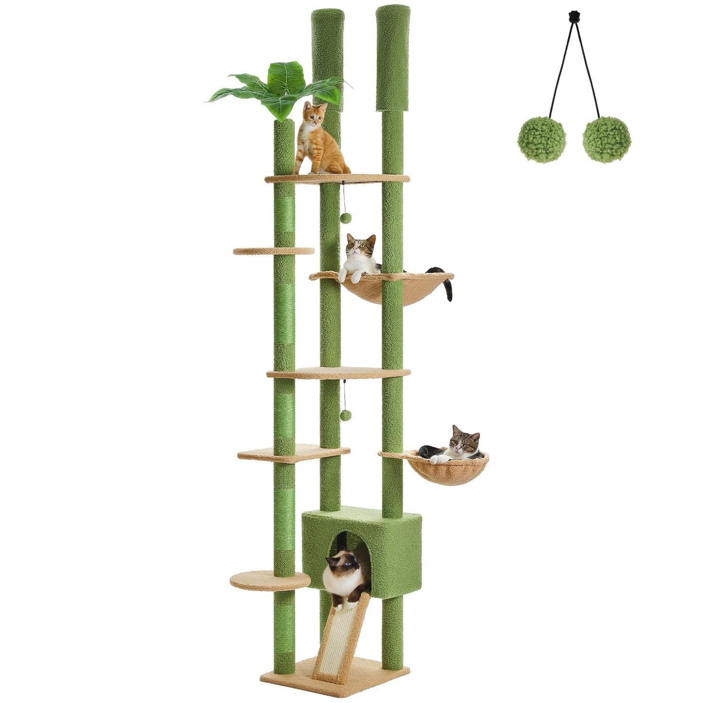 Tall Cat Tree Floor to Ceiling Cat Tree Tower Adjustable [90.5-100.4=230-252CM] with Cat Condo Cat Hammock and Scratching Post Cat Climbing Tree for Indoor Large Cats Green