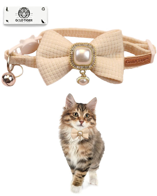 GoldTiger Cute Bowtie Cat Collar with Bell Breakaway Jewelry Pendant for Girl Cats Adjustable 8-13 Inch for Kitten (Beige)