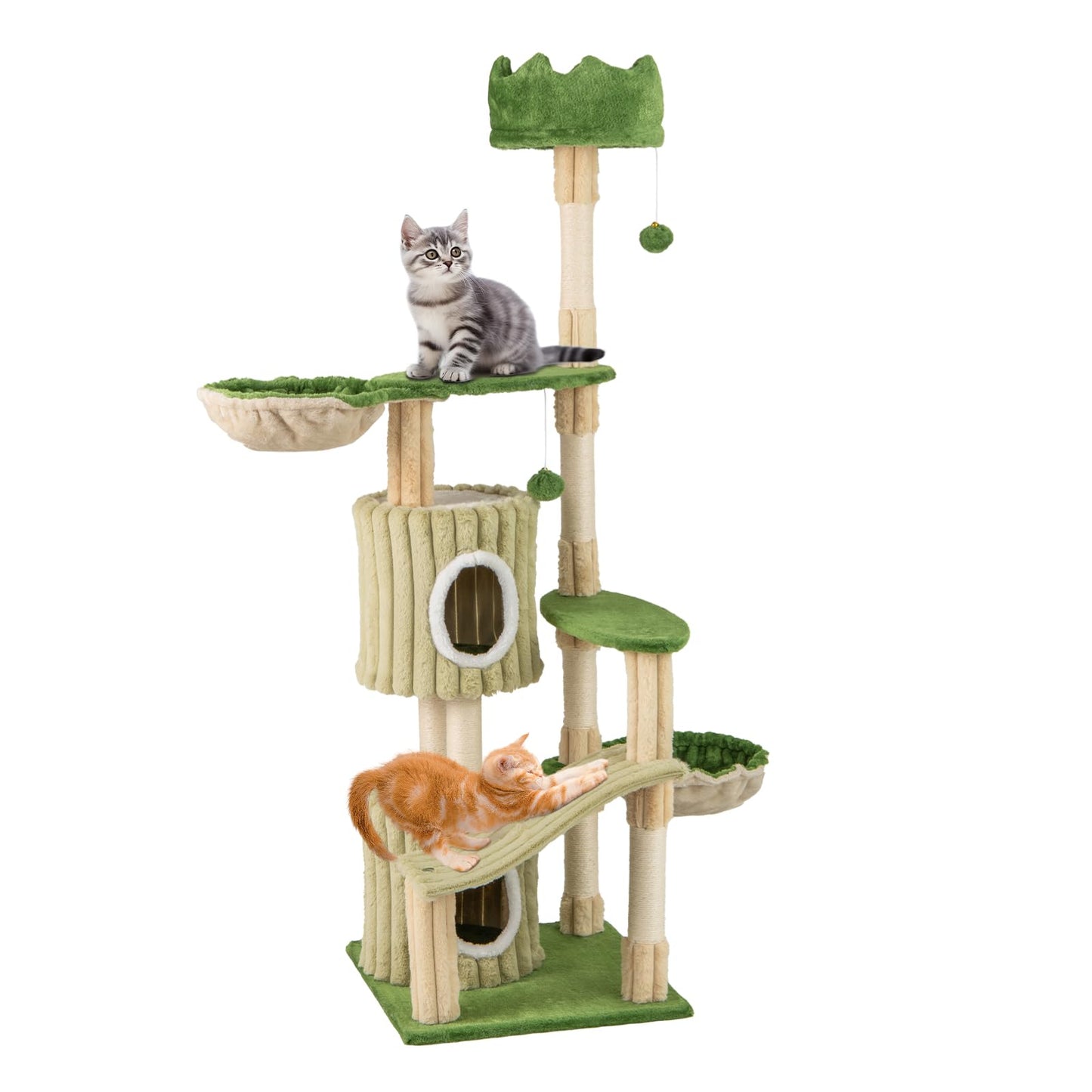 63 Inch Tall Cat Tree Cute Green Cat Tower with 2 Condos Plush Top Perch 2 Basket Beds Sisal Scratching Posts 2 Dangling Balls Slide Platform Large Aesthetic Cat Tree for Indoor Cats