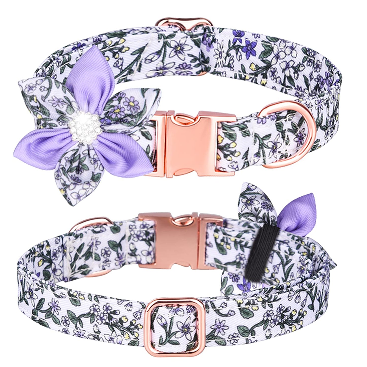 Pimaodog Dog Collar Girl Dog Collar Puppy Collar Floral Pattern Dog Collar Cute Dog Collar with Detachable Rhinestone Flower for Female Dogs Small Medium Large (S:26-42cm Purple/White)