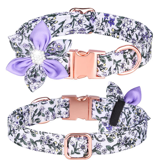 Pimaodog Dog Collar Girl Dog Collar Puppy Collar Floral Pattern Dog Collar Cute Dog Collar with Detachable Rhinestone Flower for Female Dogs Small Medium Large (S:26-42cm Purple/White)