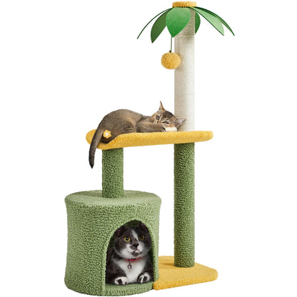Cat Tree for Indoor Cats 37in Coconut Palm Cat Tree with Green Leaves Cat Scratching Post Cat Tower with Large Condo Play House Activity Center with Bending Perch Green/Yellow