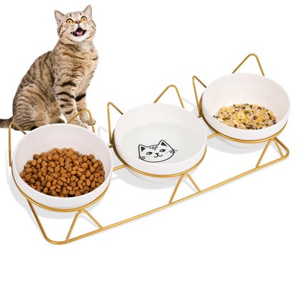 Elevated Cat Bowls with 3 Ceramic Bowls-5 inches Food & Water Bowls 15° Tilted Raised Feeding Dishes with Metal Stand for Multiple Cats Dog Pet Gold
