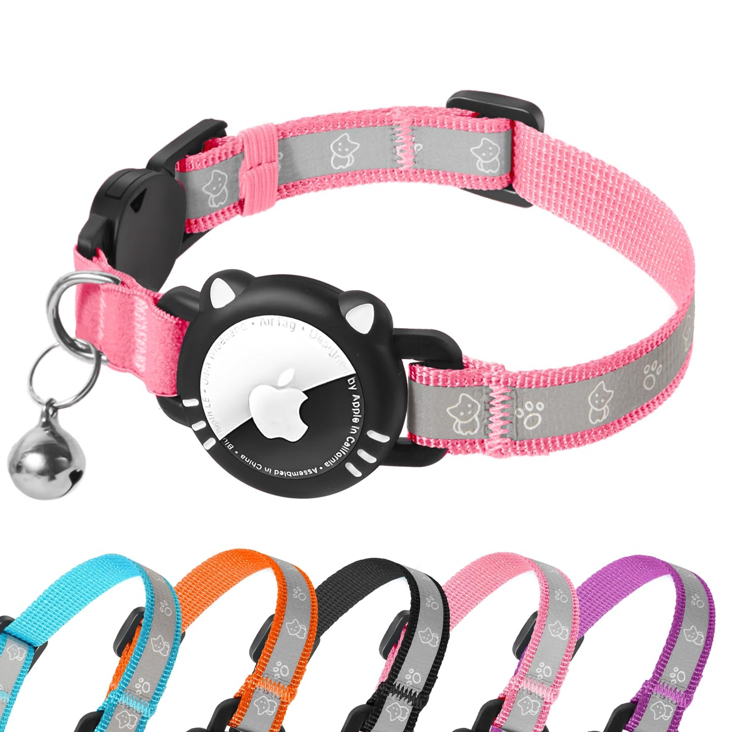AgoumLux Airtag Cat Collar Reflective Cat Collar with Apple Air Tag Holder Breakaway Pink S(9-11 Inch)