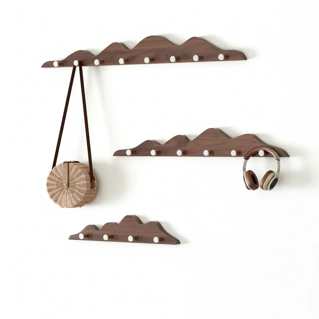Hill Shape Wooden Wall Hook Rack Long Row Coat & Storage Organizer