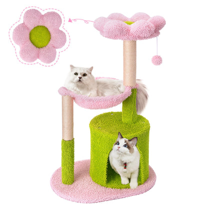 Flower Cat Tree Tower 35" Cat Tower for Indoor Cats Small Cute Cat Trees with Natural Sisal Cat Scratching Post Cozy Condo Comfy Cat Hammock Flower Cat Perch and Dangling Ball Pink