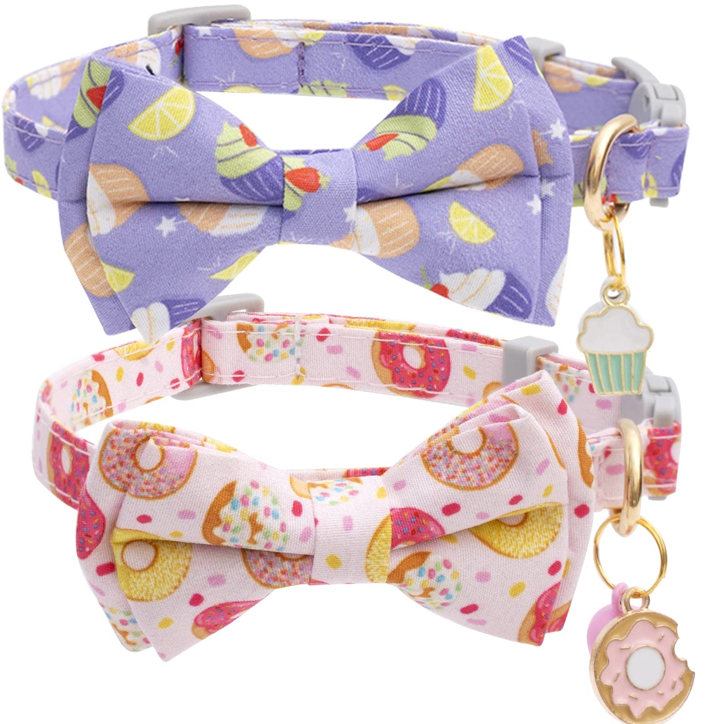 2 Pack Cute Cat Collar with Bell Breakaway Bowtie Cat Collar for Male Female Cat Soft Fancy Pink Purple Cat Collar with Ice Cream Doughnuts Pattern Summer Cat Collar for Boy Girl Cats