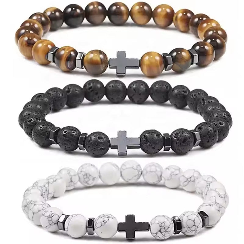 Natural Stone Cross Beaded Bracelet