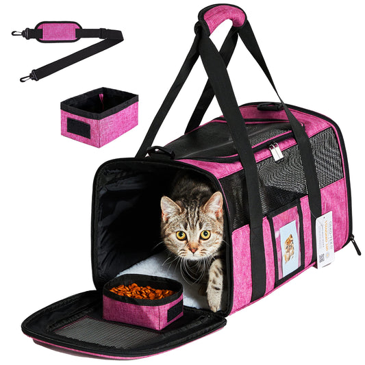 Pet Carrier - Airline Approved for Small Dogs Cats Kittens Under 15lb - Collapsible Soft Sided TSA Cat Travel Carrier in Red