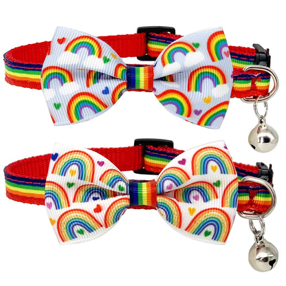 2 Pcs Rainbow Cat Collar Breakaway with Bell Pride Cat Bow Tie Collars for LGBT Pride Month Cats Puppy Pride Apparel