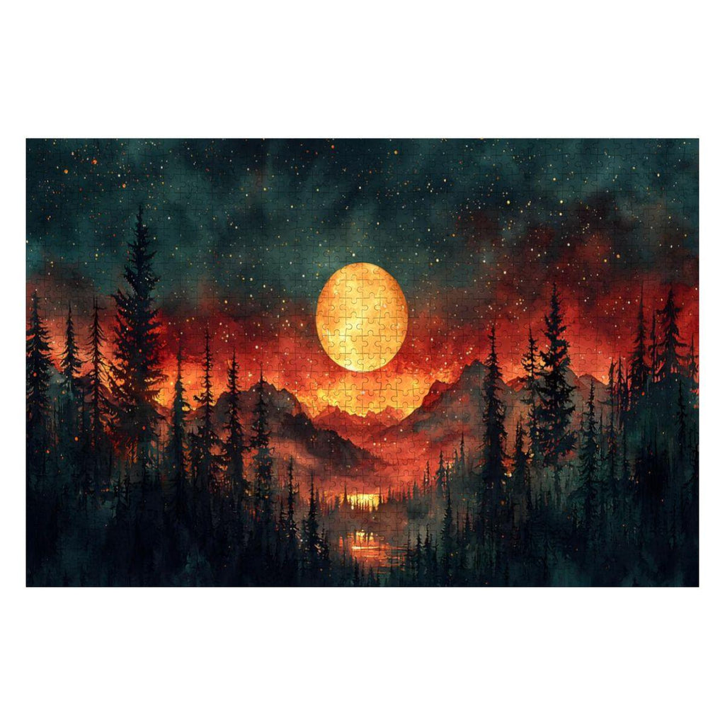 Moonlit Forest Fire Wooden Jigsaw Puzzle: Celestial Woodland Art