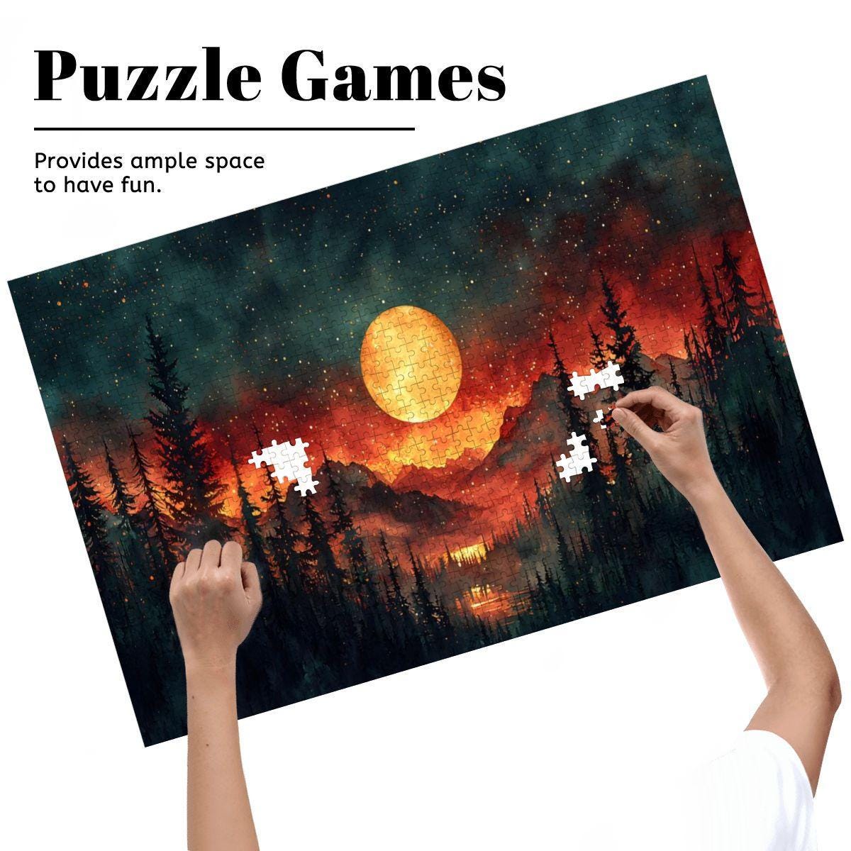 Moonlit Forest Fire Wooden Jigsaw Puzzle: Celestial Woodland Art