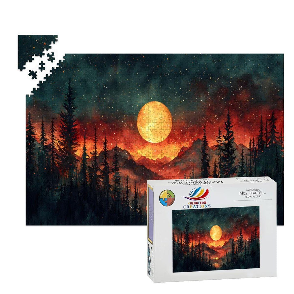 Moonlit Forest Fire Wooden Jigsaw Puzzle: Celestial Woodland Art