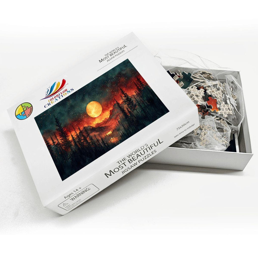 Moonlit Forest Fire Wooden Jigsaw Puzzle: Celestial Woodland Art