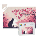 Cat Watching Sunset Wooden Jigsaw Puzzle: Japanese Cherry Blossom Art
