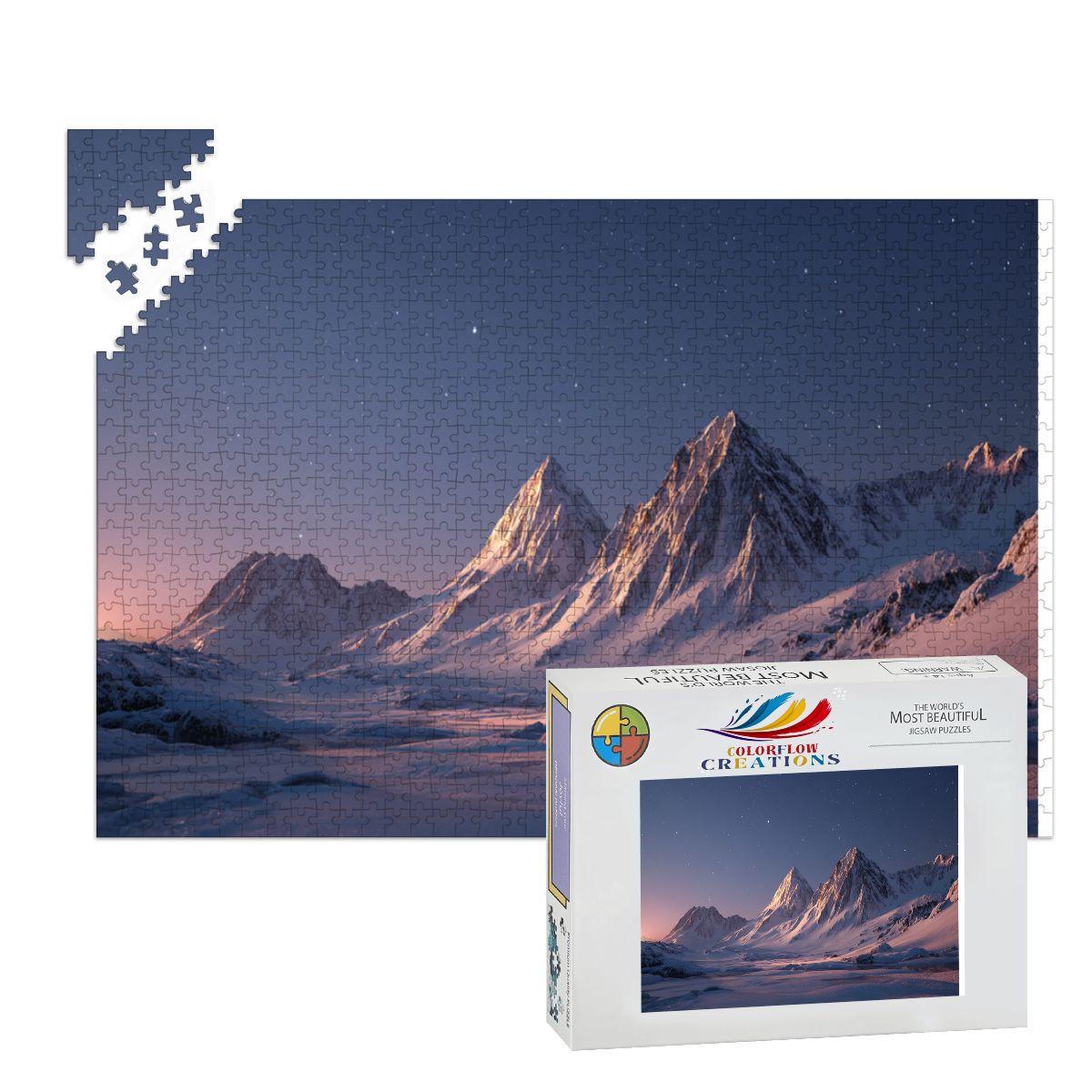 ColorFlow | Starry Snowy Mountain Wooden Jigsaw Puzzle | Winter Night Art Puzzle for Adults and Kids | Unique Gift Home Decor