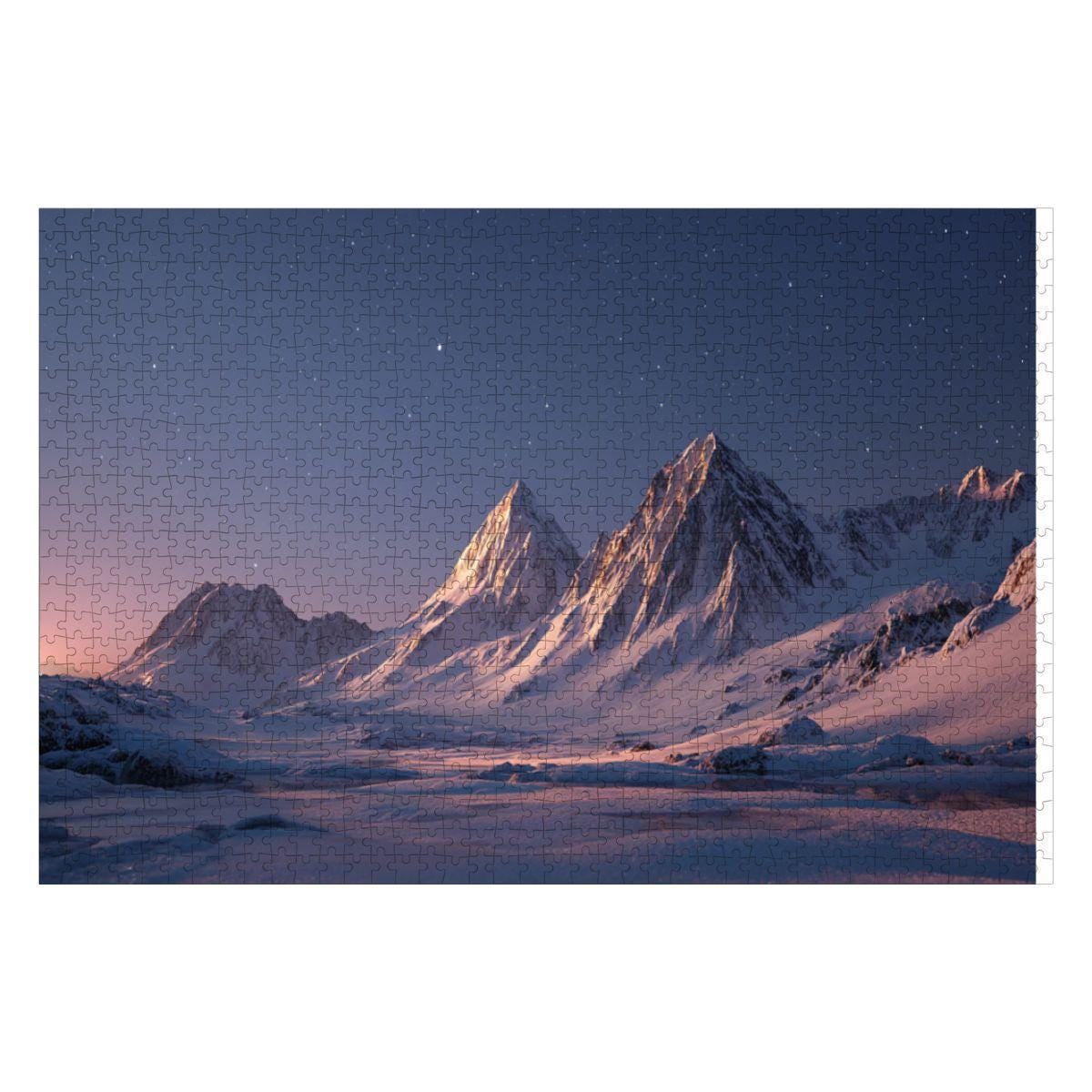 ColorFlow | Starry Snowy Mountain Wooden Jigsaw Puzzle | Winter Night Art Puzzle for Adults and Kids | Unique Gift Home Decor