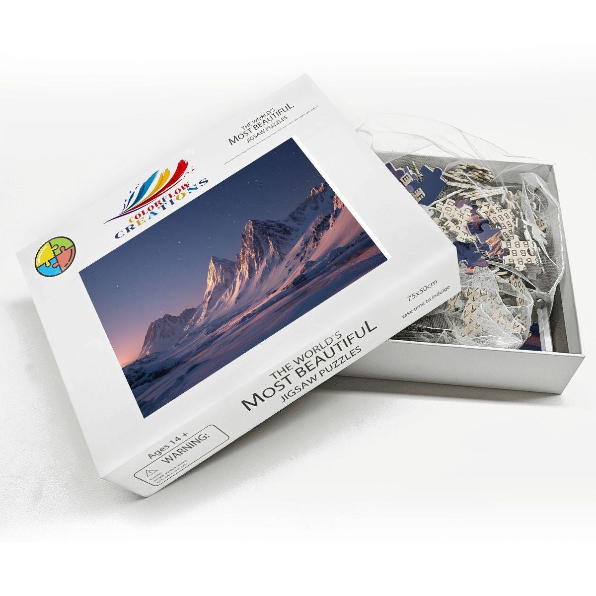 ColorFlow | Starry Snowy Mountain Wooden Jigsaw Puzzle | Winter Night Art Puzzle for Adults and Kids | Unique Gift Home Decor