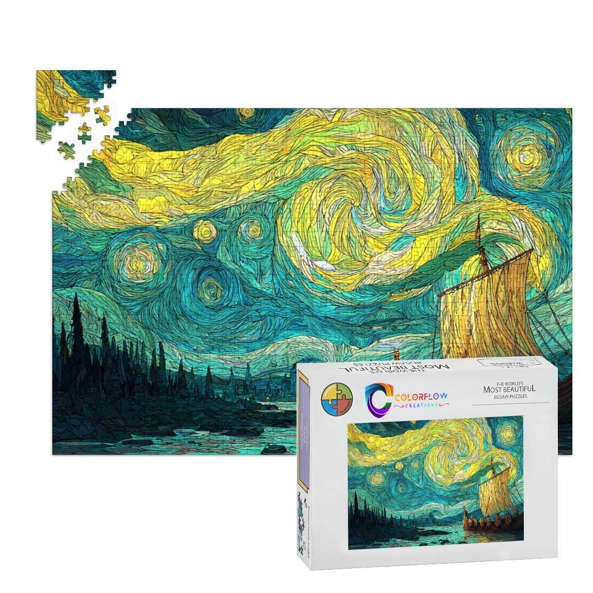 ColorFlow | Nordic Star Sail Wooden Jigsaw Puzzle Mythic Voyage Art Inspired Puzzle