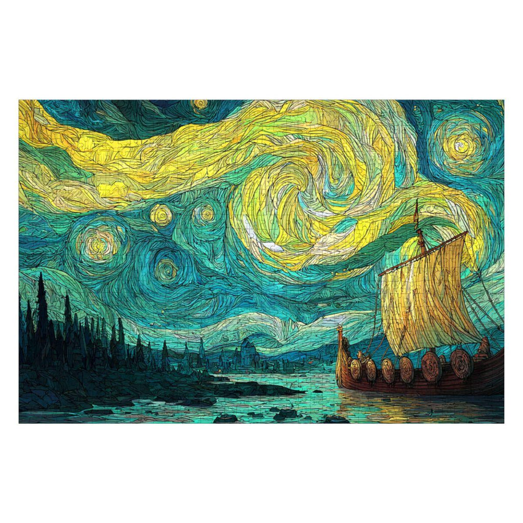 ColorFlow | Nordic Star Sail Wooden Jigsaw Puzzle Mythic Voyage Art Inspired Puzzle
