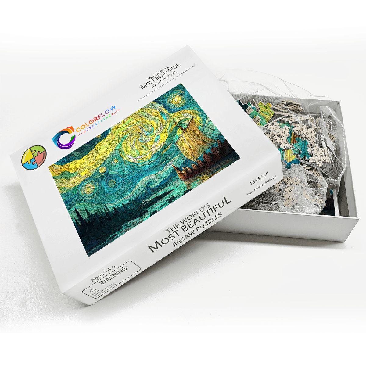 ColorFlow | Nordic Star Sail Wooden Jigsaw Puzzle Mythic Voyage Art Inspired Puzzle