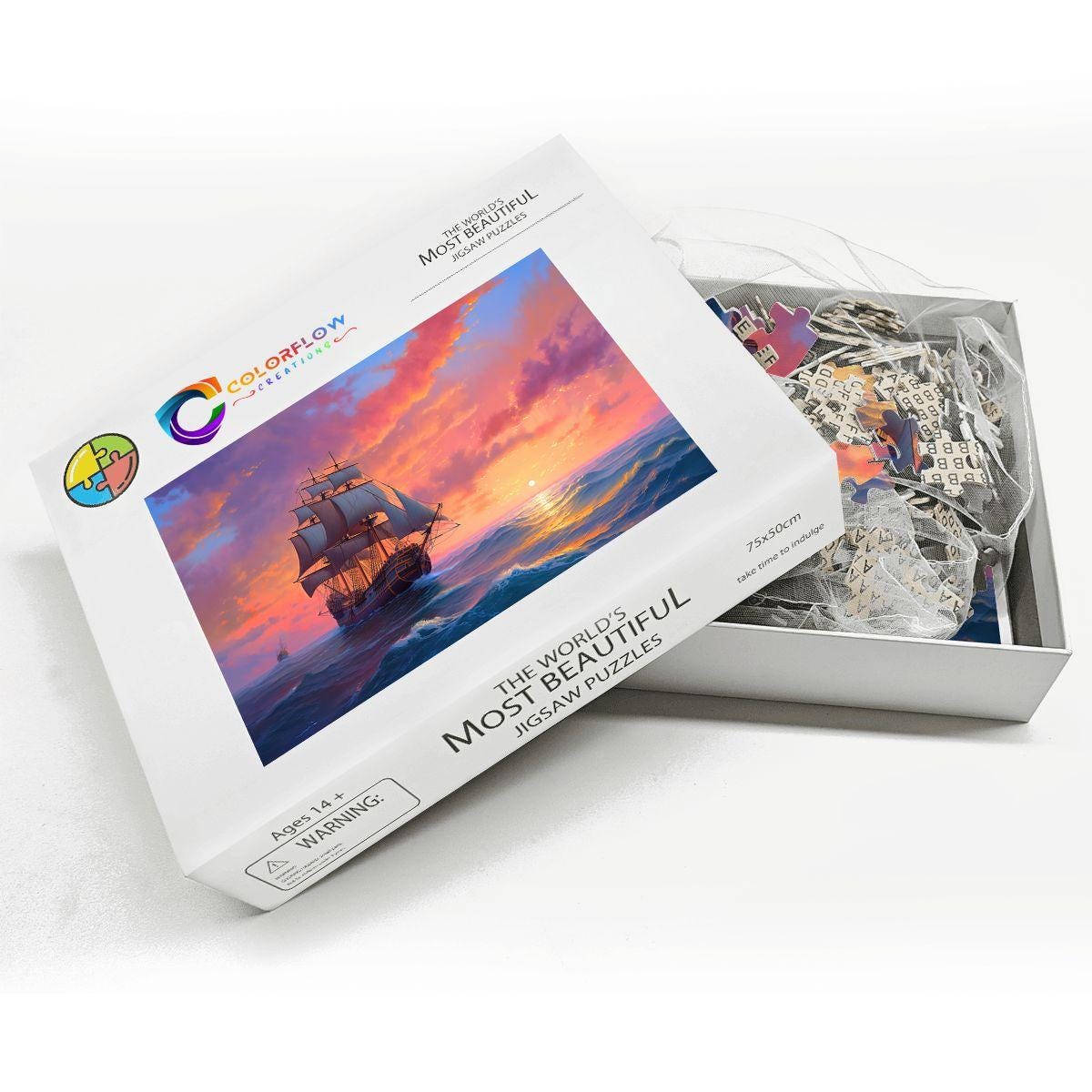 ColorFlow | Ember Sky Horizon Wooden Jigsaw Puzzle Sunset Sailing Art Inspired Puzzle